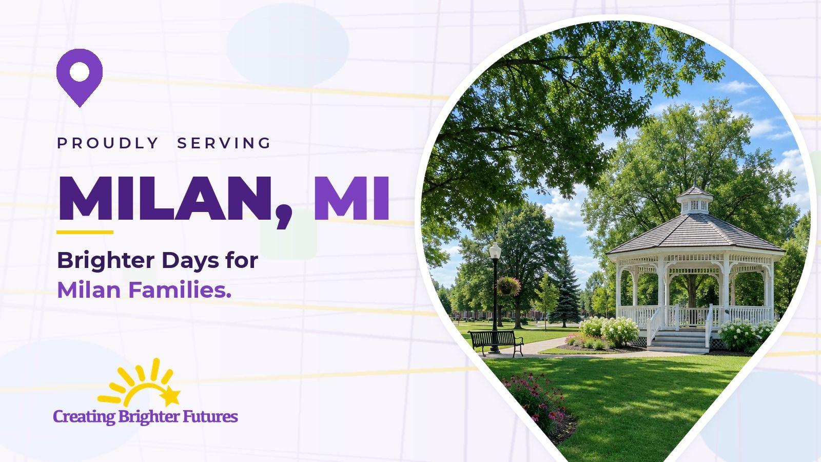 Map pin framing a white gazebo among shade trees in a green community park, beside the words Proudly Serving Milan, MI and the Creating Brighter Futures logo.