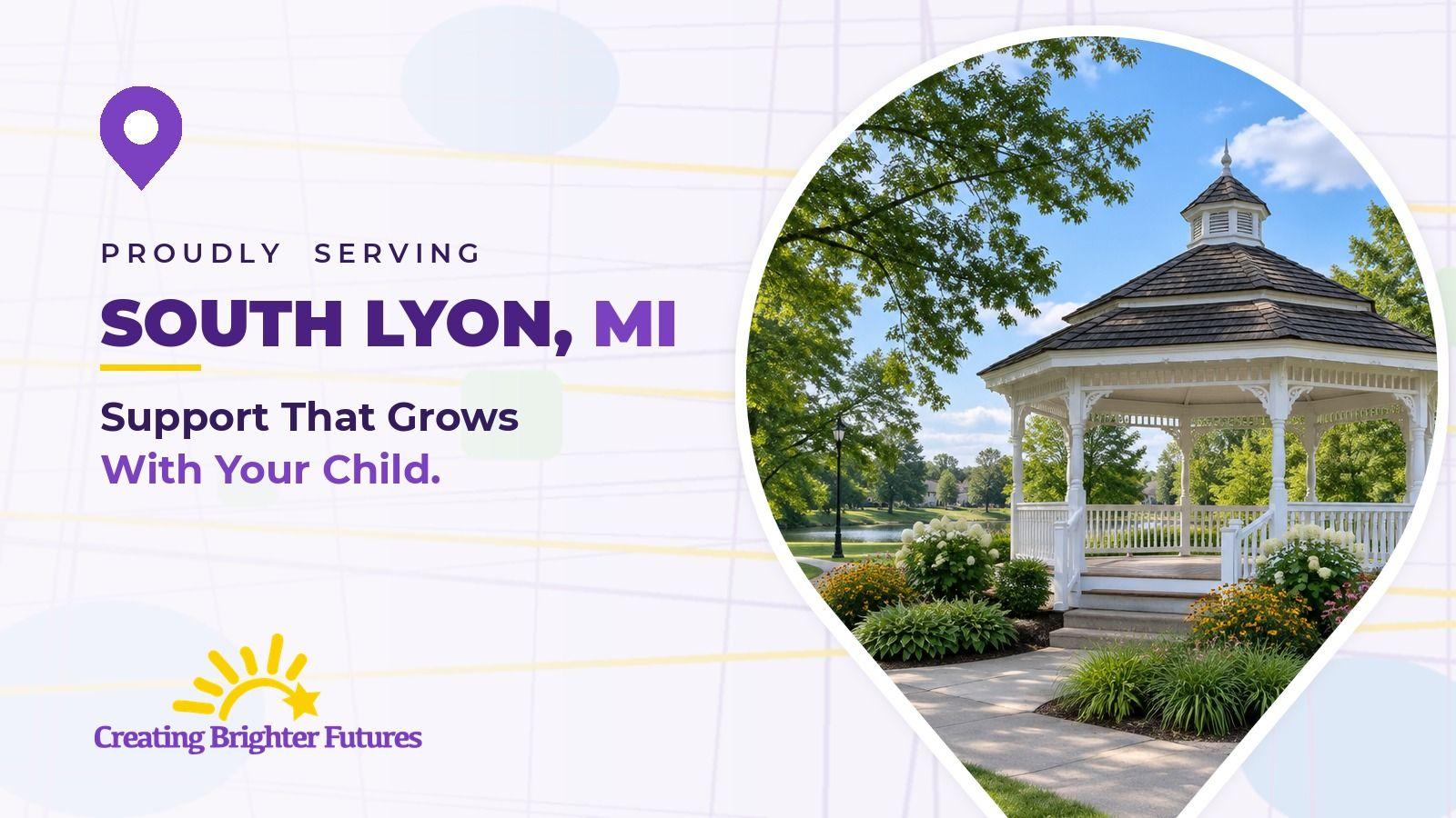 Map pin framing a white gazebo surrounded by flower beds and shade trees in a park, beside the words Proudly Serving South Lyon, MI and the Creating Brighter Futures logo.